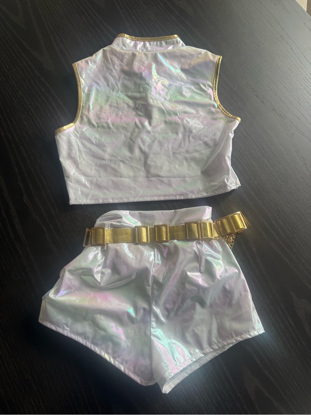 K Pop Costume Holographic Iridescent Crop Top + Shorts Set with Gold Trim